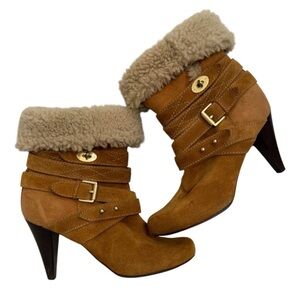 Mulberry Tan Suede Ankle Boots with Shearling Cuff